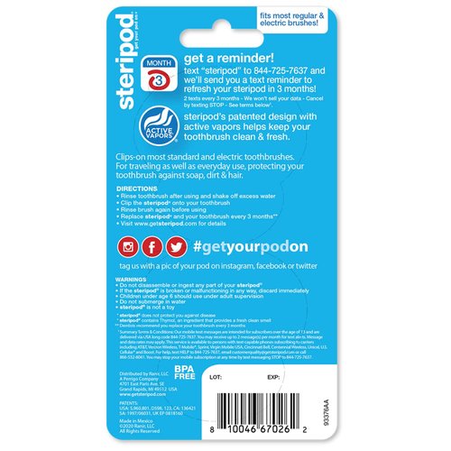 Steripod Clip-On Toothbrush Protector, Clear Blue/Clear Green/Blue/Silver, 4, Teal, Silver, Blue Clear, Green Clear, 2 Count (Pack Of 2)