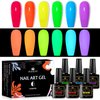 MSRUIOO Glow in the Dark Gel Nail Polish, 6 Colors Luminous Neon Gel Polish Set Fluorescent Bright Colors Hot Pink Yellow Purple Glow Effect Soak Off UV Gel Polish for DIY Nail Art Design