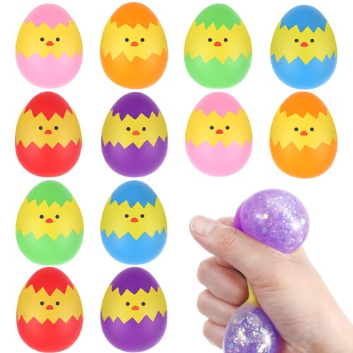 Easter Eggs Squishy Toys - 12 PCS Chicks Easter Eggs Stress Ball Easter Basket Stuffers Fillers, Sparkles Squeeze Toys Easter Eggs Hunt Party Favors for Kids Boys Girls