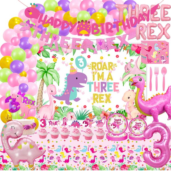 Pink Dinosaur Party Supplies For Girls 3rd Birthday Decorations Pink Three Inspired Rex Dinosaur Balloons Banner Dino Cake Topper Cupcake Toppers Girls 3rd Pink Dinosaur Decor