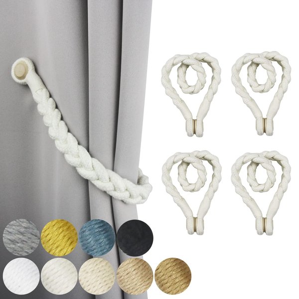 Porlau 4 Pack Magnetic Soft Curtain Tiebacks Cotton Hand-Woven Tieback Holdback Home Decorative Tie Backs with Durable Wooden Buckle for Home Office Decor (Cream, 4)