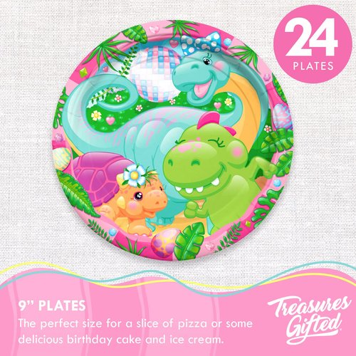 Treasures Gifted Girl Dinosaur Plates 24ct - 9 Inch Little Dinosaur Party Plates - Girl Dinosaur Party Decorations - Dinosaur Decorations for Birthday Party - Girl Dinosaur Party Supplies
