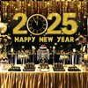 Happy New Year Banner Backdrop Decorations, Happy New Year Decorations 2025, Black Gold New Year Party Decorations Banner Backdrop for 2025, New Years Eve Party Supplies