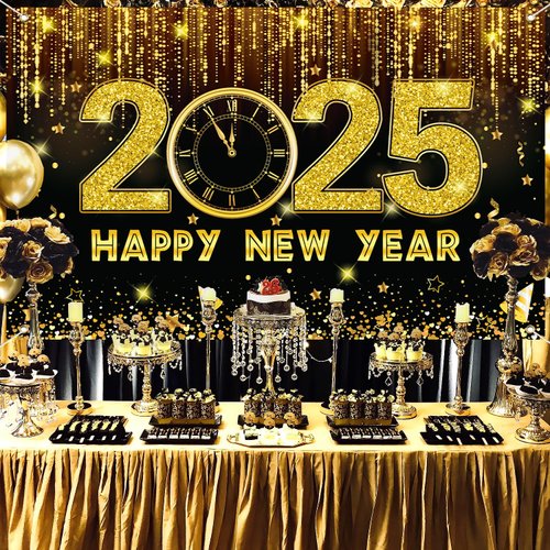 Happy New Year Banner Backdrop Decorations, Happy New Year Decorations 2025, Black Gold New Year Party Decorations Banner Backdrop for 2025, New Years Eve Party Supplies