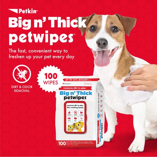 Petkin Pet Wipes for Dogs and Cats, 100 Large Wipes - Removes Dirt & Odor Like Washing Hands - Cleans Ears, Face, Butt, Eye Area - Convenient, Ideal for Home or Travel - 1 Pack of 100 Wipes