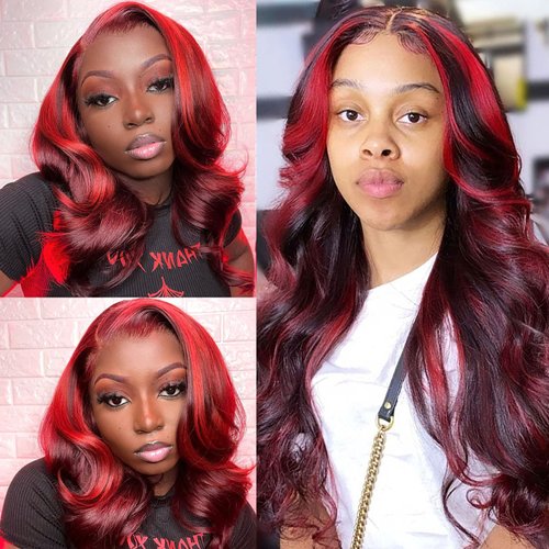 Ombre Burgundy Brazilian Body Wave Human Hair Wigs 1BT99J T Part Lace Front Human Hair Wigs For Black Women Highlight 13x1x4 Lace Front Wigs With Baby Hair Middle Part Glueless 14 Inch 150% Density