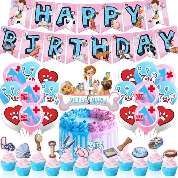 Veterinary Party Decorations Vet Technician Birthday Party Supplies Includes Veterinary Happy Birthday Banner, Cake Topper, Cupcake Toppers, Balloons