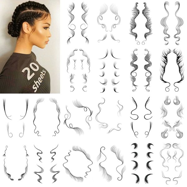 Onpep 20 Styles Hair Tattoo Stickers 20Pcs Temporary Tattoos Edges Hairline Lasting Waterproof Makeup Tool for Women Baby Hair Curly Hair Bang Stickers