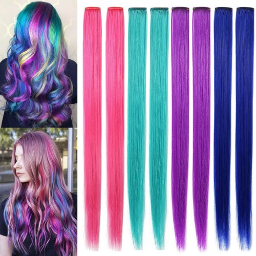 Rhyme Colored Hair Extensions Clip in For Girls Kids Women Hair Accessories Wig Hairpieces Christmas birthday Gift Cosplay Hairstyles 8 Pieces (Pink Purple Blue Teal)