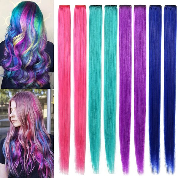 Rhyme Colored Hair Extensions Clip in For Girls Kids Women Hair Accessories Wig Hairpieces Christmas birthday Gift Cosplay Hairstyles 8 Pieces (Pink Purple Blue Teal)