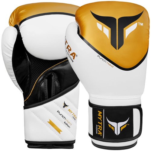 Mytra Fusion Punch Hard Boxing Gloves Artificial Leather Boxing Gloves 10oz 12oz 14oz 16oz Boxing Gloves for Training Punching Sparring Punching Bag Muay Thai Kickbox (14-oz, White Gold)