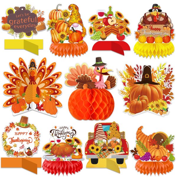 11 Pack Thanksgiving Honeycomb Centerpiece Fall Party Decorations Supplies 3D Autumn Fall Thanksgiving Centerpieces for Tables Happy Friendsgiving Thanksgiving Party Decorations Supplies