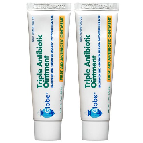 Globe Triple Antibiotic First Aid Ointment, 1 oz (2-Pack) First Aid Antibiotic Ointment, 24-Hour Infection Protection, Wound Care Treatment for Minor Scrapes, Burns and Cuts