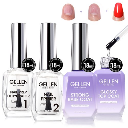 Gellen Nail Dehydrator and Primer Base Coat Top Coat 18 ml UV LED Clear Superior Base Glossy Top Coat Quick Drying Must-have Kit for Acrylic Gel Nail Polish Nail Tips Long Lasting Nail Art Supplies