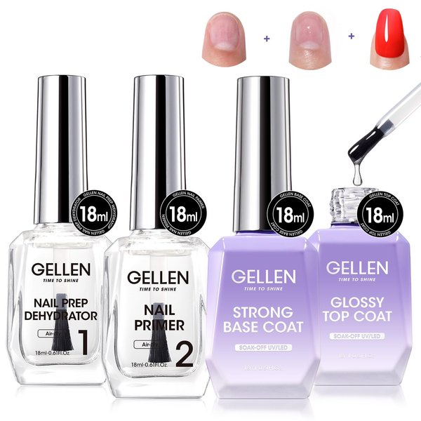 Gellen Nail Dehydrator and Primer Base Coat Top Coat 18 ml UV LED Clear Superior Base Glossy Top Coat Quick Drying Must-have Kit for Acrylic Gel Nail Polish Nail Tips Long Lasting Nail Art Supplies