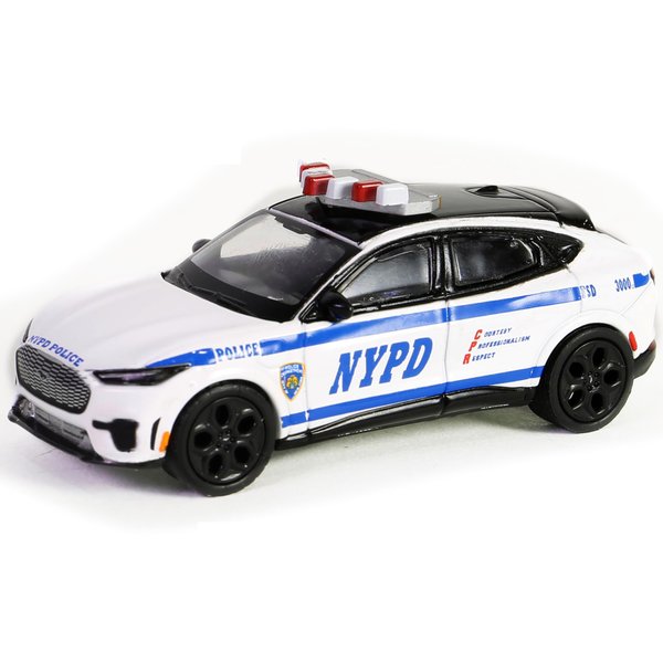 2022 Mach-E GT White with Blue Stripes (New York City Police Department) Hot Pursuit Series 45 1/64 Diecast Model Car by Greenlight 43030F