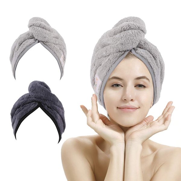 M-bestl 2 Pack Hair Drying Towels, Anti-frizz Hair Towel Wrap, Absorbent Microfiber Hair Towel Turban with Button Design for Straight Curly Hair (Dark Gray&Light Gray)