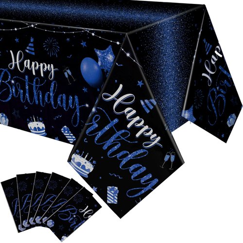 Tudomro Happy Birthday Tablecloths Happy Birthday Decorations Plastic Table Cover Rectangular Cloths for Women Men Baby Shower Birthday Party Supplies, 108 x 54 Inch (Black Blue,6 Pcs)