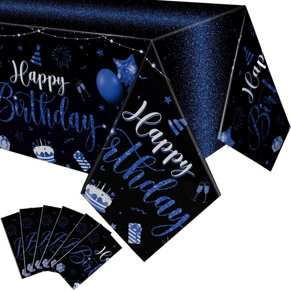 Tudomro Happy Birthday Tablecloths Happy Birthday Decorations Plastic Table Cover Rectangular Cloths for Women Men Baby Shower Birthday Party Supplies, 108 x 54 Inch (Black Blue,6 Pcs)