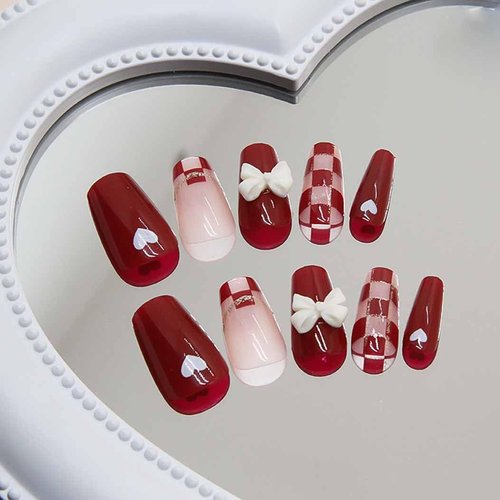 RikView Red Press on Nails Medium Fake Nails Coffin Nails with Hearts Design Glossy Full Cover Nails for Women 24 PCS