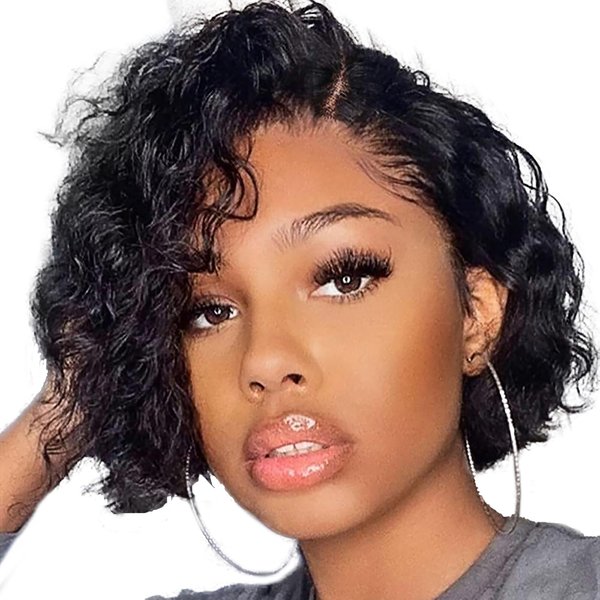 WIGER Short Lace Front Wigs Human Hair for Women Short Curly Bob Wig Black Wavy Lace Wig Black Pixie Cut Wig Brazilian Virgin Human Hair Curly Wigs 180% Density Side Part