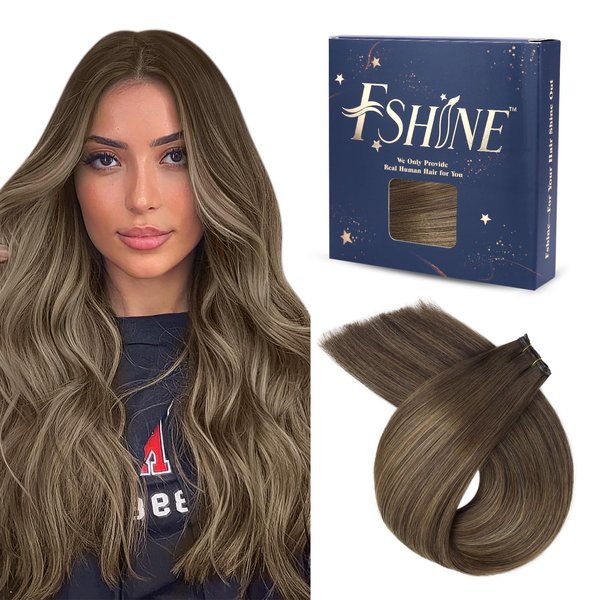fshine Genius Weft Hair Extensions Human Hair - 20 Inch Balayage Dark Brown to Light Brown Mixed Dark Brown Hand Tied Genius Weft - Full Head Straight Real Hair Bundle Sew in hair Extensions 60g