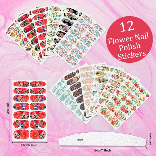 XEAOHESY 168 Pieces 12 Sheets Flower Nail Polish Strips Flower Nail Strips Nail Wraps for Women Self-Adhesive Spring Nail Polish Stickers Full Nail Wraps for Nail Art with Nail File