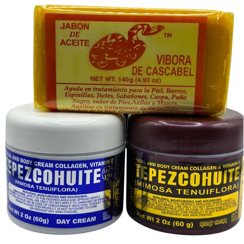 Jabon de aceite de vibora de cascabel (140g) jabon cara y cuerpo- Ayuda a eliminar el acne y paño/Rattlesnake soap (4.93) CREMA DIA 2oz + CREMA NOCHE 2oz (DAY CREAM +NIGHT CREAM 2oz) TEPEZCOHUITE