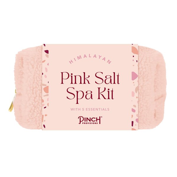 Pinch Provisions Himalayan Pink Salt Spa Kit, 5 Spa Essentials for Self-Care & Beauty, Multi-Functional Cosmetic Bag, Includes Facial Massager & Exfoliating Glove, Spa Set Gift