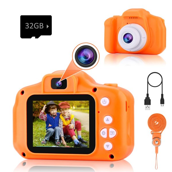PROGRACE Kids Camera for Boys Girls - Dual Selfie Mini Children Camera Age 3 4 5 6 7 8 9 Year Old Kids Birthday Gift for Girls Boys Toy Camera for Kids Video Camera Recorder Orange
