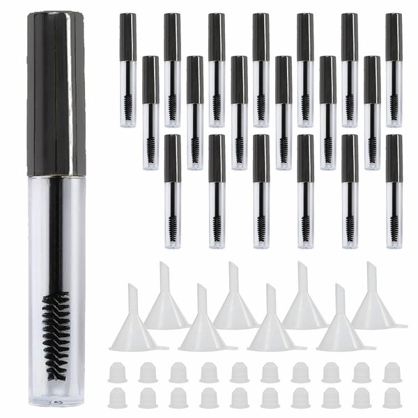 Comicfs 20 Pcs 4ml Transparent Reusable Empty Bottle Tube Container Makeup Vials Cosmetic Tool for Eyelash Growth Oil/Mascara with Rubber Inserts 8 Pcs Funnels (Black)