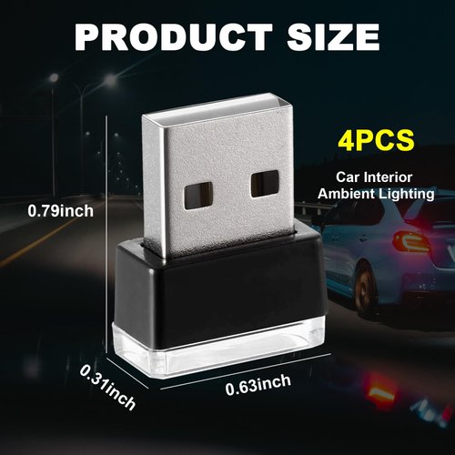 Ziciner 4 PCS USB LED Car Interior Atmosphere Lamp, Portable Mini LED Night Light, Plug-in USB Interface Trunk Ambient Lighting Kit, Universal Car Interior Accessories (Red)