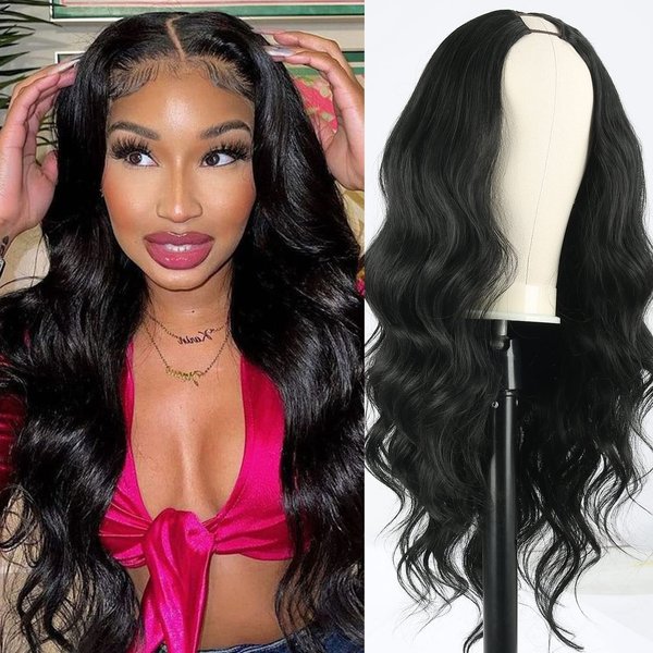 SCENTW V Part Wig Body Wave Synthetic Wigs for Women 24inch Black Hair V Part Wigs Upgrade U Part Wigs Glueless Full Head Clip in Half Wigs for Black Women V Shape Wigs No Leave Out Thin Part Wig