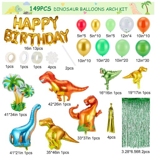 AGPTEK Dinosaur Birthday Party Decorations Kit, 149pcs Green and Orange Balloon Garland Arch with Dino Foil Balloons and Fringe Curtain, Jungle Safari Theme Party Supplies for Kids, and Baby Showers