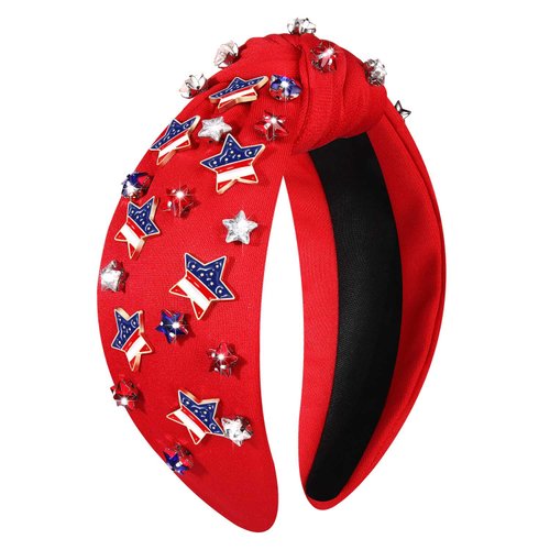 NVENF 4th of July Headbands, American Flag Star Headband Pearl Crystal Rhinestone Knotted Headbands Patriotic 4th of July Accessories Outfits for Women Holiday Gifts (Star A-Red)