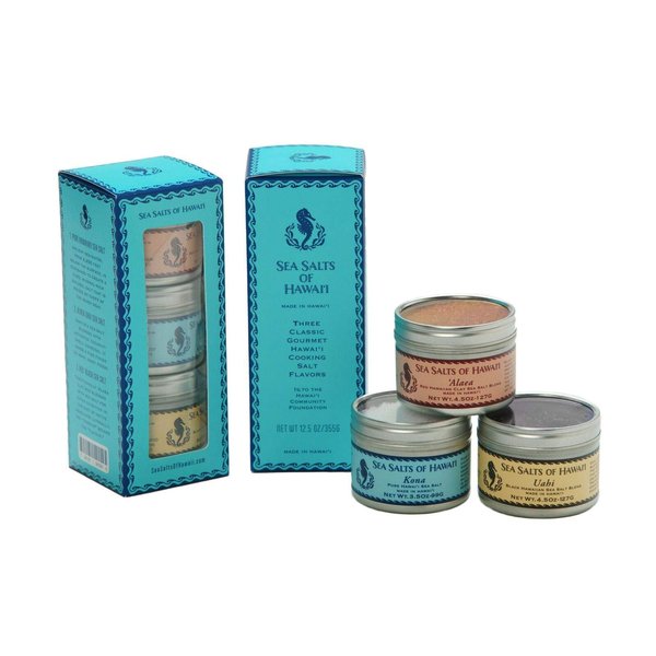 Three Tin Gift Box of Hawaiian Sea Salts, Alaea Red, Kona White and Uahi Black Salts