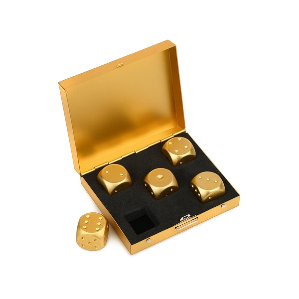 DS.DISTINCTIVE STYLE Aluminum Alloy Dice 5 Pieces 16mm Portable Metal Dices with Case 6 Sided Dice for Party Game (Golden Square)