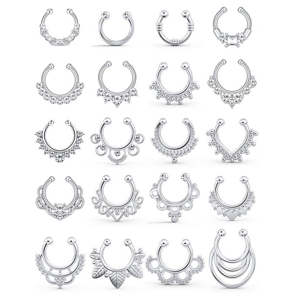 SCERRING Fake Septum Nose Hoop Rings Clear CZ Faux Non Pierced Clicker Hanger Nose Septum Ring Clip On Body Piercing Jewelry 20PCS Silver