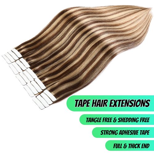VINBAO Tape In Hair Extensions Human Hair Color Dark Brown #4 Highlights #27 Caramel Blonde Tape In Hair Extensions Real Human Hair Extensions Tape In Silky Straight 20pcs/50g(18inch, #4P27)