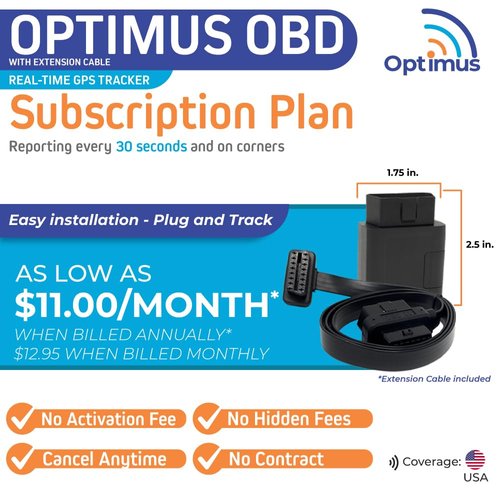 Optimus Plug-in GPS Tracker for Cars - Easy Installation - Harsh Driving Alerts - Reporting History and More - Extension Cable Included