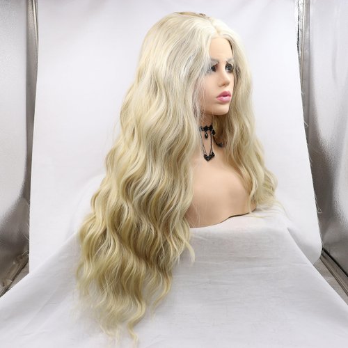 xiweiya Highlighted Blonde Wigs Long Loose Wavy Mixed Color Blonde Gold Synthetic Lace Front Wig Pre Plucked 13x4 Lace Wig Natural Hairline Heat Resistant Fiber Wigs for Women