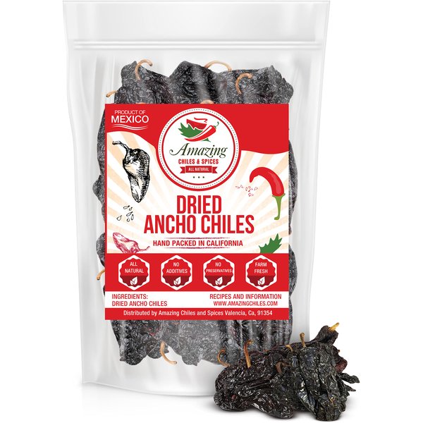 Dried Ancho Chiles Peppers 1LB (16oz) –Natural and Premium. Great For, Mexican Mole, Sauces, Stews, Salsa, Meats, Enchiladas. Mild to Medium Heat, Sweet & Smoky Flavor. Air Tight Resealable Bag
