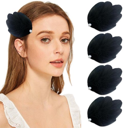 4Pcs Feather Hair Clip Black Artificial Swan Ostrich Pearl Ballet Style Hair Pins Bride Wedding Halloween Party Stage Performance Women Hair Accessories