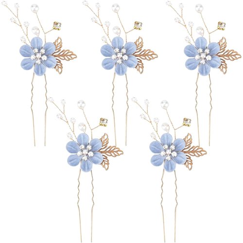 Bridal Hair Combs, 5PCS Wedding Hair Pins Set Crystal Flower Hair Clips Bride Bridesmaid Hair Sides Comb Rhinestone Barrettes, Pearl Flower Hair Pins Hair Accessories for Women Girls (Light Blue)