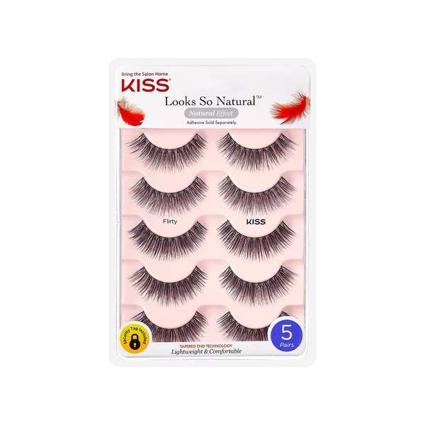 KISS Looks So Natural False Eyelashes Multipack, Lightweight & Comfortable, Tapered End Technology, Reusable, Cruelty-Free, Contact Lens Friendly, Style 'Flirty', 5 Pairs Fake Eyelashes