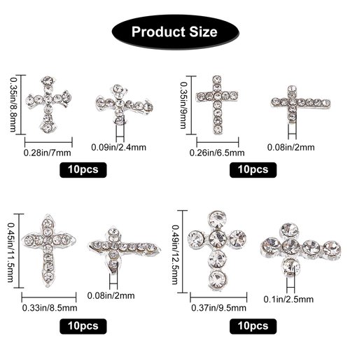 CRASPIRE 40pcs Cross Nail Charms 4 Style Rhinestone Cross Nail Charms 3D Luxury Cross Charms Flat Back Diamond Crystal Rhinestones Nail Art Charms Nail Gems for DIY Nails Art Jewelry Decoration