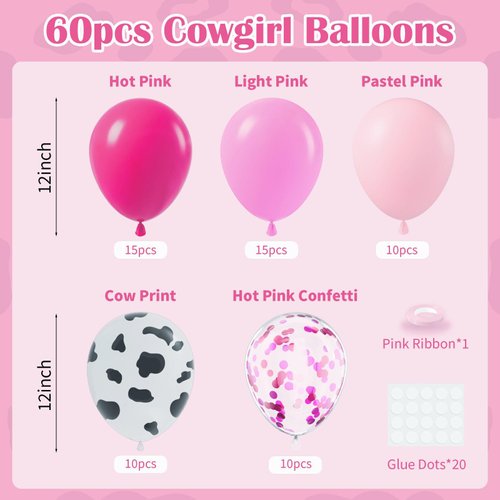 60pcs Cowgirl Balloons, Hot Pink Light Pink Confetti Cow Print Latex Balloons for Farm Cowgirl Bridal Shower Bachelorette Birthday Party Decorations