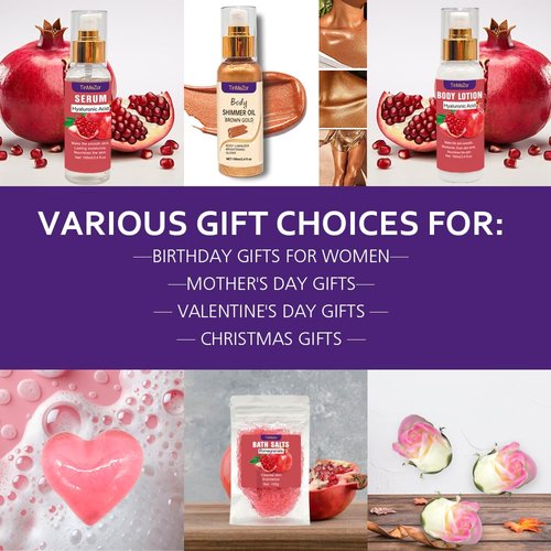 Pomegranate Skin Care Set,Skincare Gift Set With Body Shimmer Oil,Serum,Body Lotion,Sea Salt,Soap Flower- Christmas Set For Women,Bath Gift Set for Women,Bath And Body Gift Set