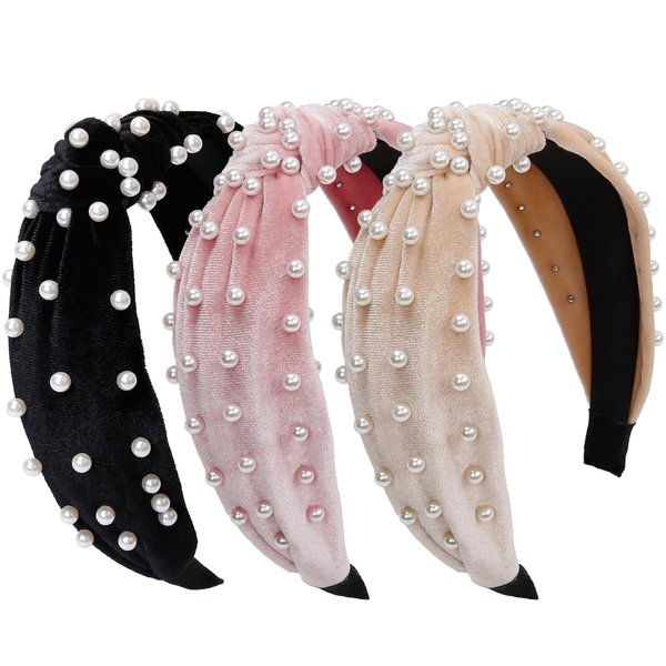 HUQOK Pearl Knotted Headbands for Women Top Knot Head Bands Wide Headband for Women’s Hair Fashion Thick Velvet Hair Hoop 3 Pcs