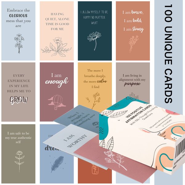 100 Affirmation Cards for Women and Men With 150+ Thought-Provoking Questions, Unique Affirmation cards for stress Relief, Meditation and Self Care Gift For Women and Men.